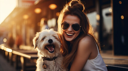 Beautiful young woman hugging with her jack russell terrier dog on street at autumn warm day