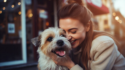 Beautiful young woman hugging with her jack russell terrier dog on street at autumn warm day - obrazy, fototapety, plakaty