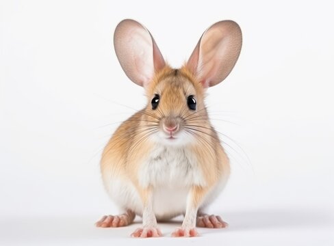 Greater Egyptian jerboa, sitting facing front. Close-up of Jaculus orientalis looks towards the camera. Exotic animal isolated on a white background.