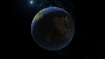 Sphere of nightly Earth planet in outer space. City lights on planet in Solar system.