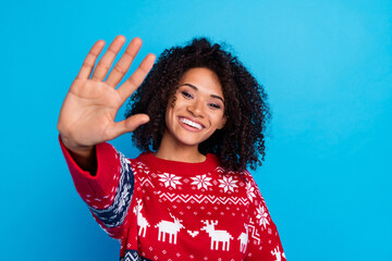 Photo of young funny girl chevelure hair give high five wearing red sweater enjoying christmas sale...