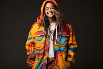 Colorful Jacket Smiling Woman in a Vibrant and Joyful Fashion Ensemble Generative AI
