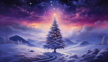 illustration of a christmas tree with a shiny star on top in a snowy mountain landscape with a purple cosmic night sky