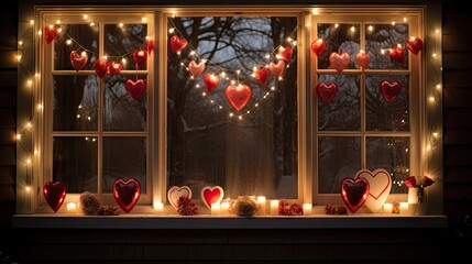  a window filled with lots of hearts sitting next to a window sill filled with lots of lit up hearts.