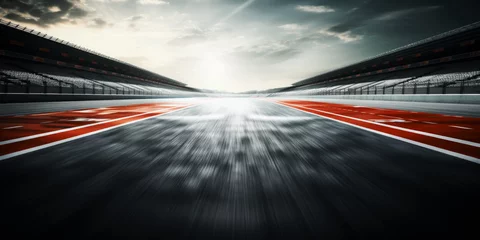 Poster Im Rahmen F1 race track circuit road with motion blur and grandstand stadium for Formula One racing © Summit Art Creations
