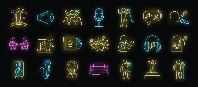 Singer Icons Set. Outline Set Of Singer Vector Icons Neon Color On Black