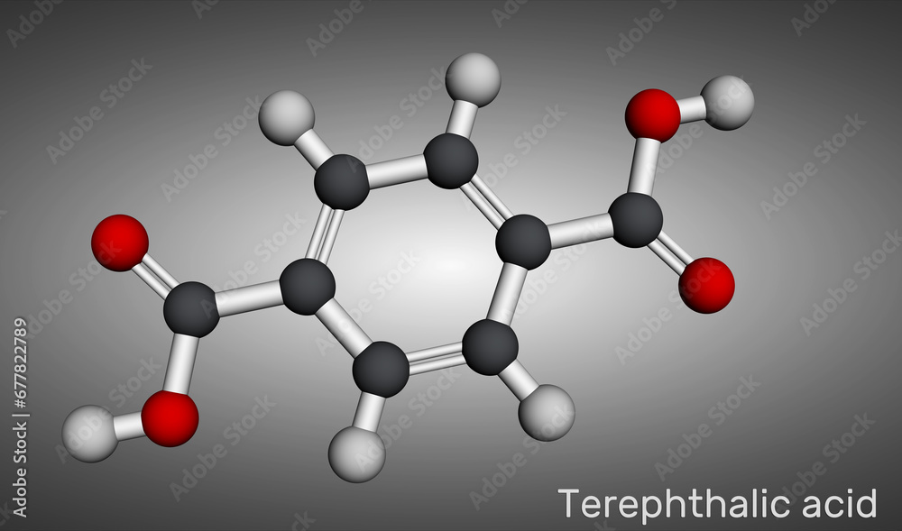 Wall mural Terephthalic acid molecule. It is benzenedicarboxylic acid, precursor to the polyester PET. Molecular model. 3D rendering