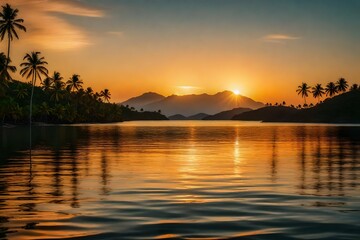 A tropical archipelago at sunset, with warm colors reflecting off the calm waters between islands