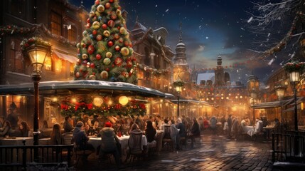  a painting of a christmas tree in the middle of a city street with people sitting at tables in front of it. - obrazy, fototapety, plakaty