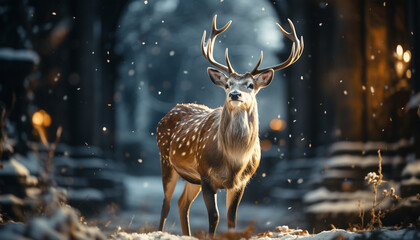 Cute deer standing in snow covered forest generated by AI