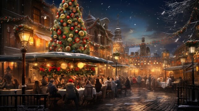  a painting of a christmas tree in the middle of a city street with people sitting at tables in front of it.