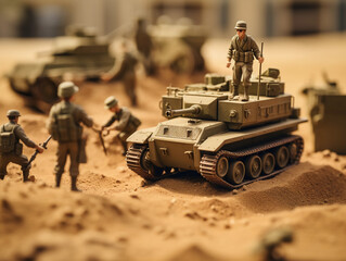 toy soldiers in a sandbox diorama, miniature military jeeps and tanks, early morning simulated light for long shadows