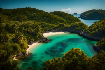 Fototapeta premium A cluster of small islands in a serene bay, each adorned with vibrant vegetation and golden sands