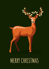Cute Christmas deer with garlands on the horns. Merry Christmas. Happy new year. Vector illustration