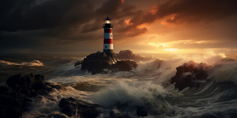 lighthouse at dusk, overlooking a turbulent sea, God rays breaking through clouds