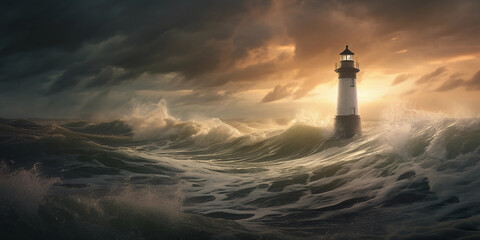 lighthouse at dusk, overlooking a turbulent sea, God rays breaking through clouds
