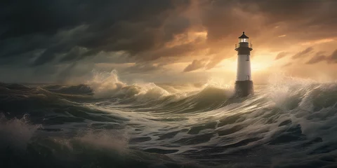 Rolgordijnen lighthouse at dusk, overlooking a turbulent sea, God rays breaking through clouds © Marco Attano