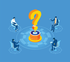Business people are working together around big question mark, finding solution, cooperating. Isometric business environment. Infographic illustration
