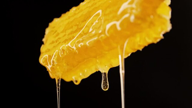 Honey drips from honeycombs in mesmerizing macro: golden elixir close-up footage