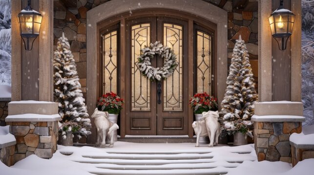  a couple of white dogs standing in front of a door with snow on the ground and a wreath on top of the door.