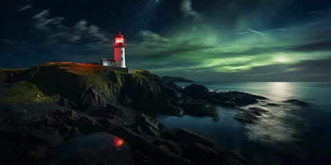  medieval-style lighthouse on a cliff, overlooking a moonlit sea, Northern Lights visible in the sky © Marco Attano