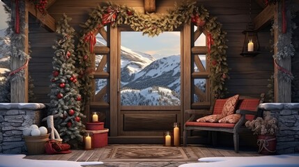 Obraz premium a room decorated for christmas with a large window and a view of the snow covered mountains and the snow - capped mountains.