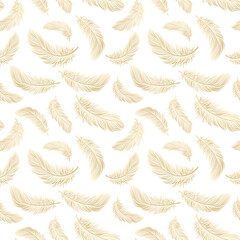 Seamless pattern with delicate golden feathers on a white background. Background, textile, vector