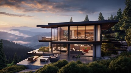 Fototapeta premium a house on top of a mountain with a view of the mountains and the sky in the background and a couch in the foreground.