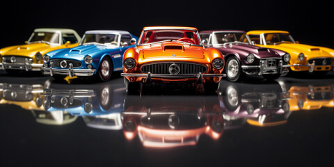 model cars, arranged in a V-shape, high-gloss reflective surface, studio lighting setup for glint...