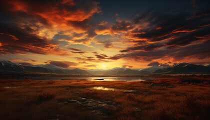 Fototapeta na wymiar Majestic sunset over tranquil meadow, reflecting on water generated by AI
