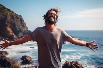 American men stretch their arms enjoying a holiday on the beach