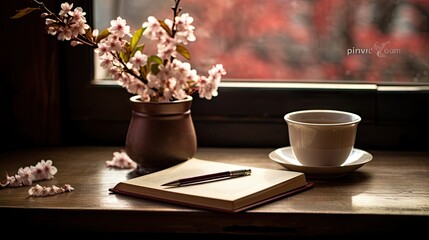  a cup of coffee sits next to a book and a pen on a table next to a vase of flowers.