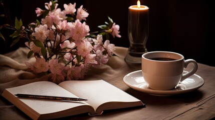  a cup of coffee and an open book on a table with a vase of flowers and a candle in the background.