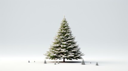  a white christmas tree with snow on the ground and trees in the foreground with a gray sky in the background.