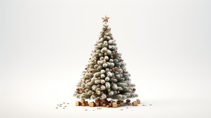  a white christmas tree with presents around it and a star on top of the christmas tree is surrounded by gold and silver ornaments.