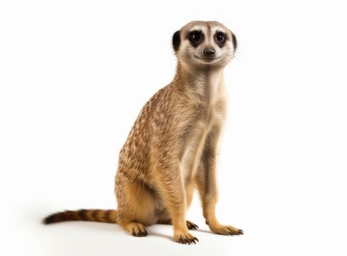 Beautiful small meerkat sitting and looks into the camera isolated on a white background. Cute Suricata suricatta sit upright facing front close up.