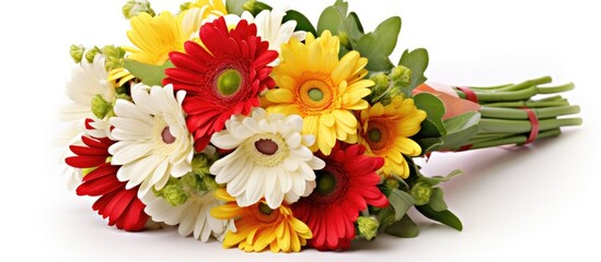 At the wedding an isolated white bouquet composed of gerbera freesia and daisies in shades of green red and yellow was held vertically as a lovely handheld nosegay perfect for Mothers Day c - obrazy, fototapety, plakaty