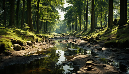 Tranquil scene of a green forest reflecting sunlight generated by AI