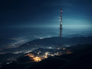 Radio tower on a mountain peak, moonlit night, stars in the background, moody atmosphere