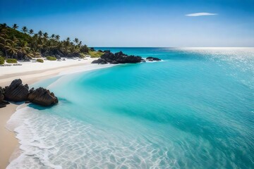 A pristine beach with fine white sand, embraced by gently rolling waves and clear blue skies