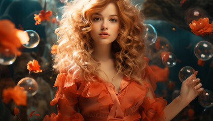 Naklejka premium A beautiful young woman with blond hair enjoys winter outdoors generated by AI