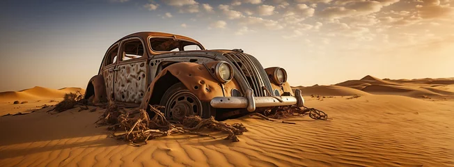 Poster old classic wreck of retro vintage car left rusty ruined and damaged abandoned in the Sahara desert for aftermath apocalyptical and lost forgotten concepts as copyspace banner © sizsus