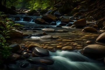 The idyllic charm of a small stream, flowing over smooth stones and creating gentle ripples