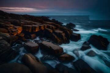 Obraz premium The dynamic contrast of a rocky coastline meeting the turbulent sea under the soft glow of twilight