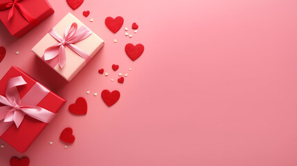 Top view of composition with Valentine's day decorations and copy space on pink background. Holiday 14 February romantic banner.