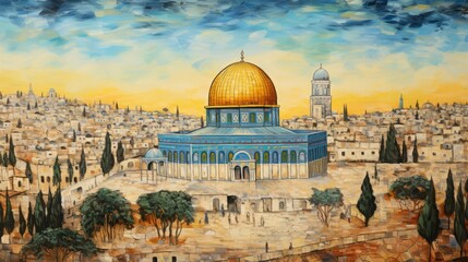 jerusalem masjid al aqsa, in the style of oil painting, peace, 16:9 - obrazy, fototapety, plakaty