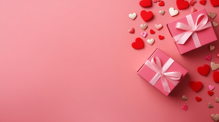 Top view of composition with Valentine's day decorations and copy space on pink background. Holiday 14 February romantic banner.