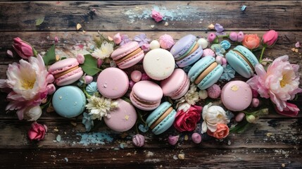 Obraz na płótnie Canvas a pile of macaroons sitting on top of a wooden table next to a bunch of pink and white flowers.