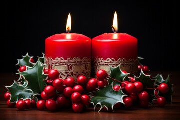 Fototapeta na wymiar Christmas burning red candles surrounded by holly leaves and berries