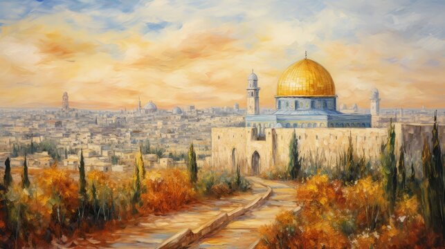 jerusalem masjid al aqsa, in the style of oil painting, peace, 16:9